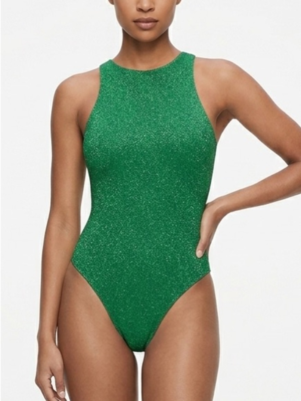 Good American Sparkle Halter One Piece Swimsuit Bodysuit Green Metallic NWT Sz 1